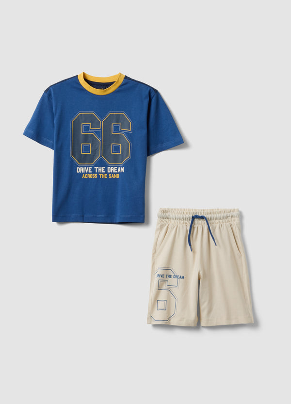 OVS Blue And Beige Pure Cotton Set With T-Shirt And Shorts