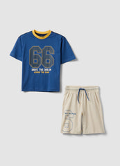 OVS Blue And Beige Pure Cotton Set With T-Shirt And Shorts