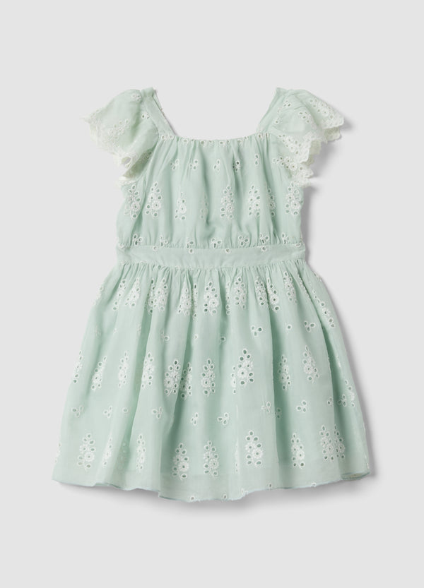 OVS Green Broderie Anglaise Viscose And Cotton Blend Dress For Girls, Regular Fit