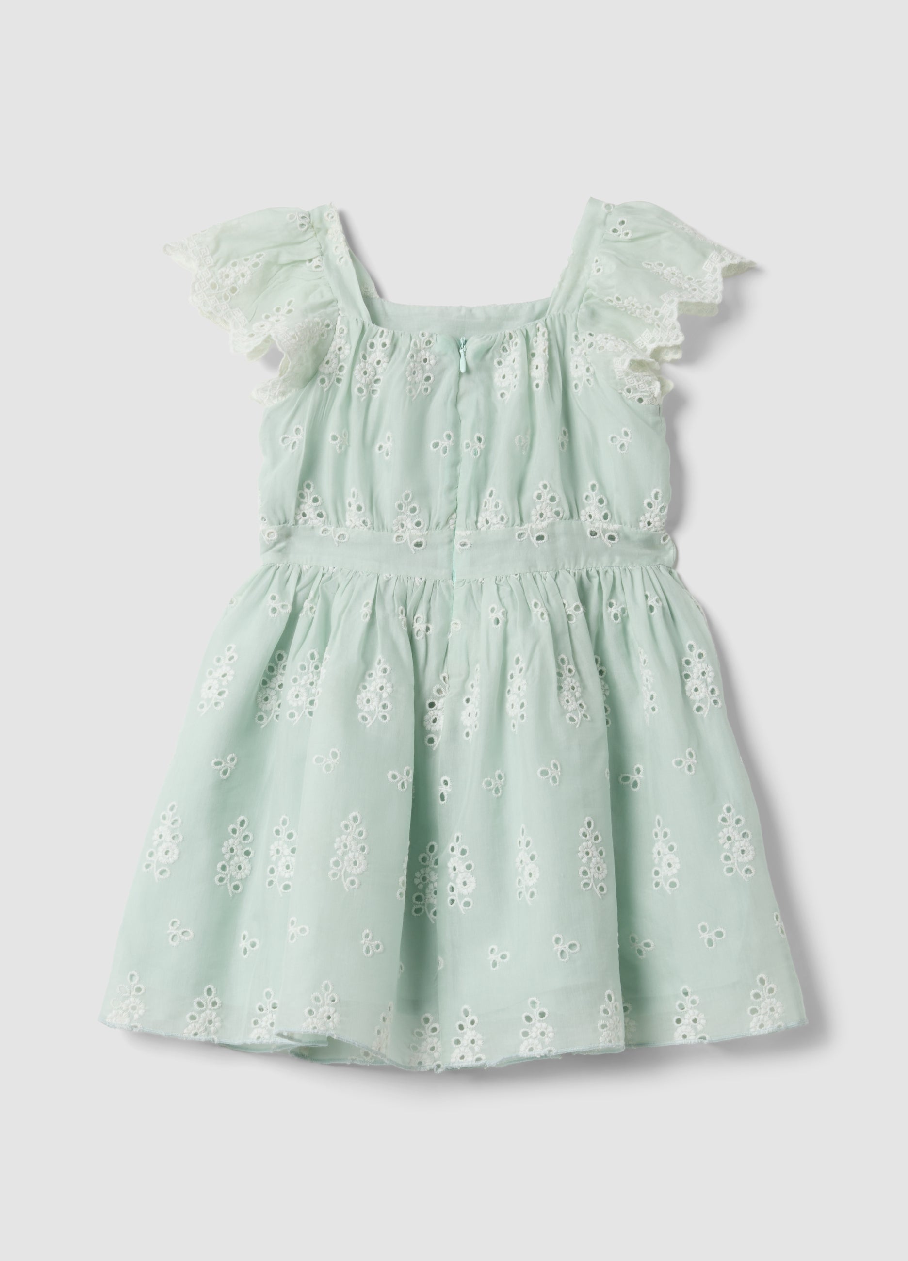 OVS Green Broderie Anglaise Viscose And Cotton Blend Dress For Girls, Regular Fit
