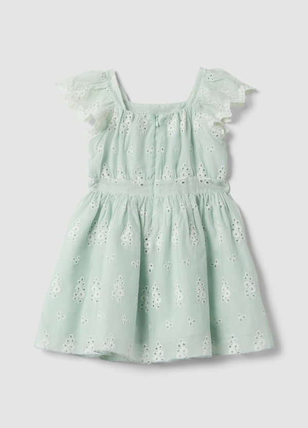 OVS Green Broderie Anglaise Viscose And Cotton Blend Dress For Girls, Regular Fit
