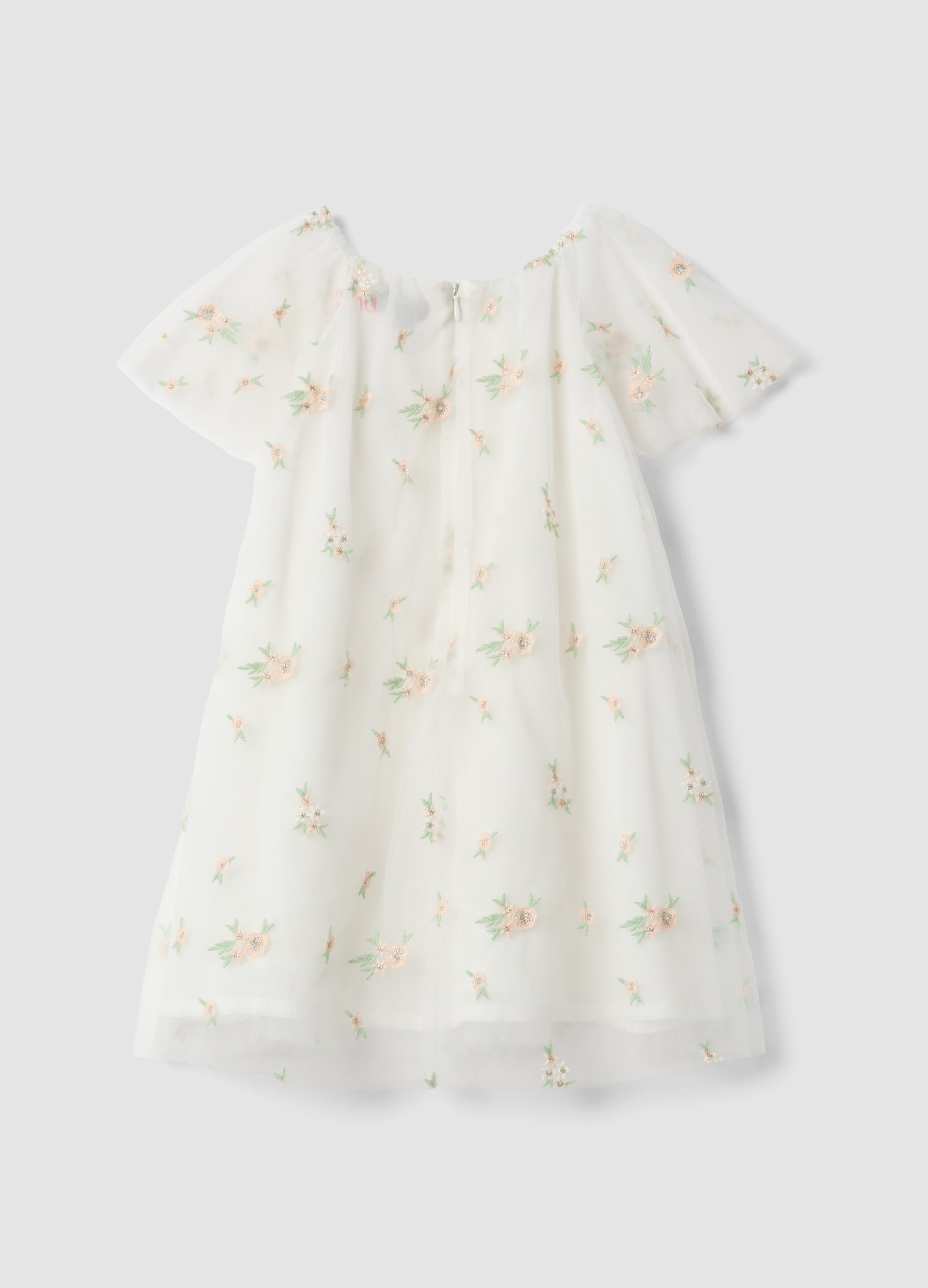 OVS White Girls’ Dress With Floral Embroidery, Regular Fit