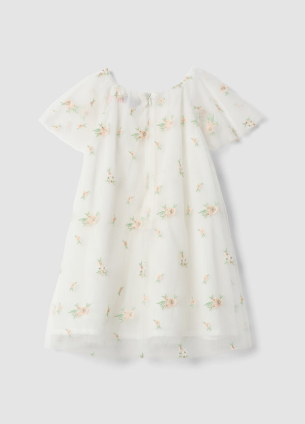 OVS White Girls’ Dress With Floral Embroidery, Regular Fit