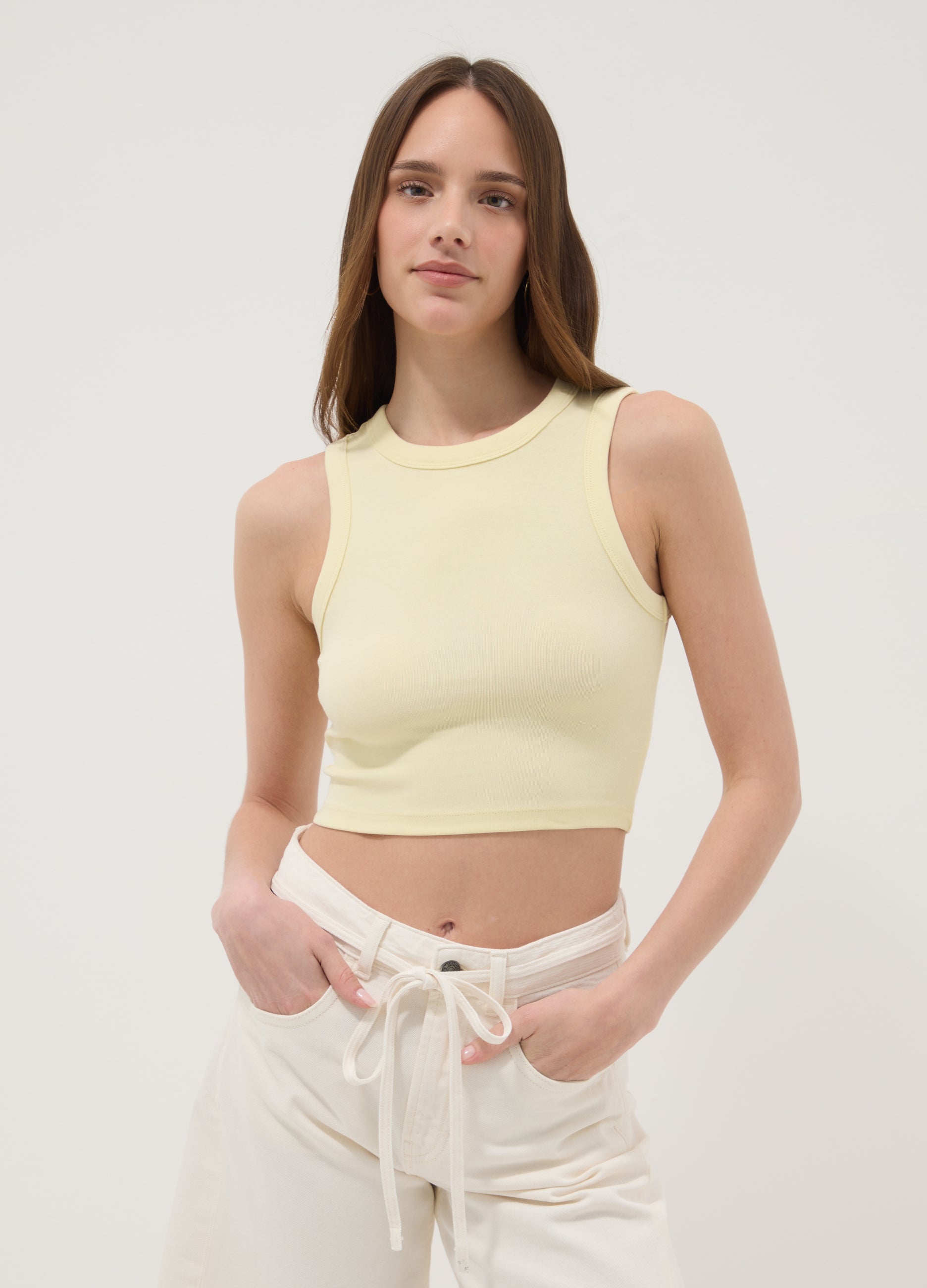 OVS Yellow Cropped Stretch Cotton Tank Top