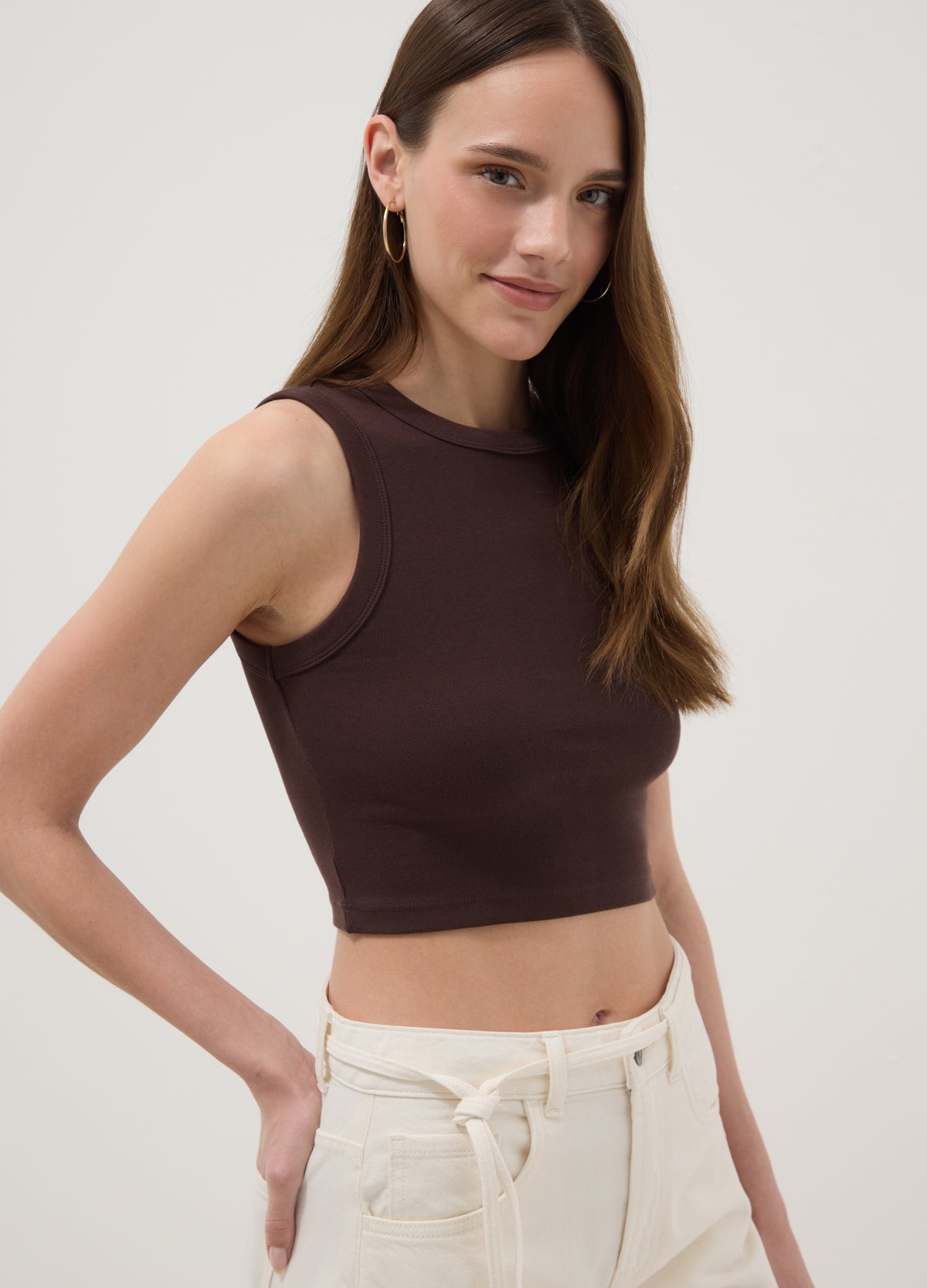 OVS Brown Cotton-Stretch Cropped Tank Top