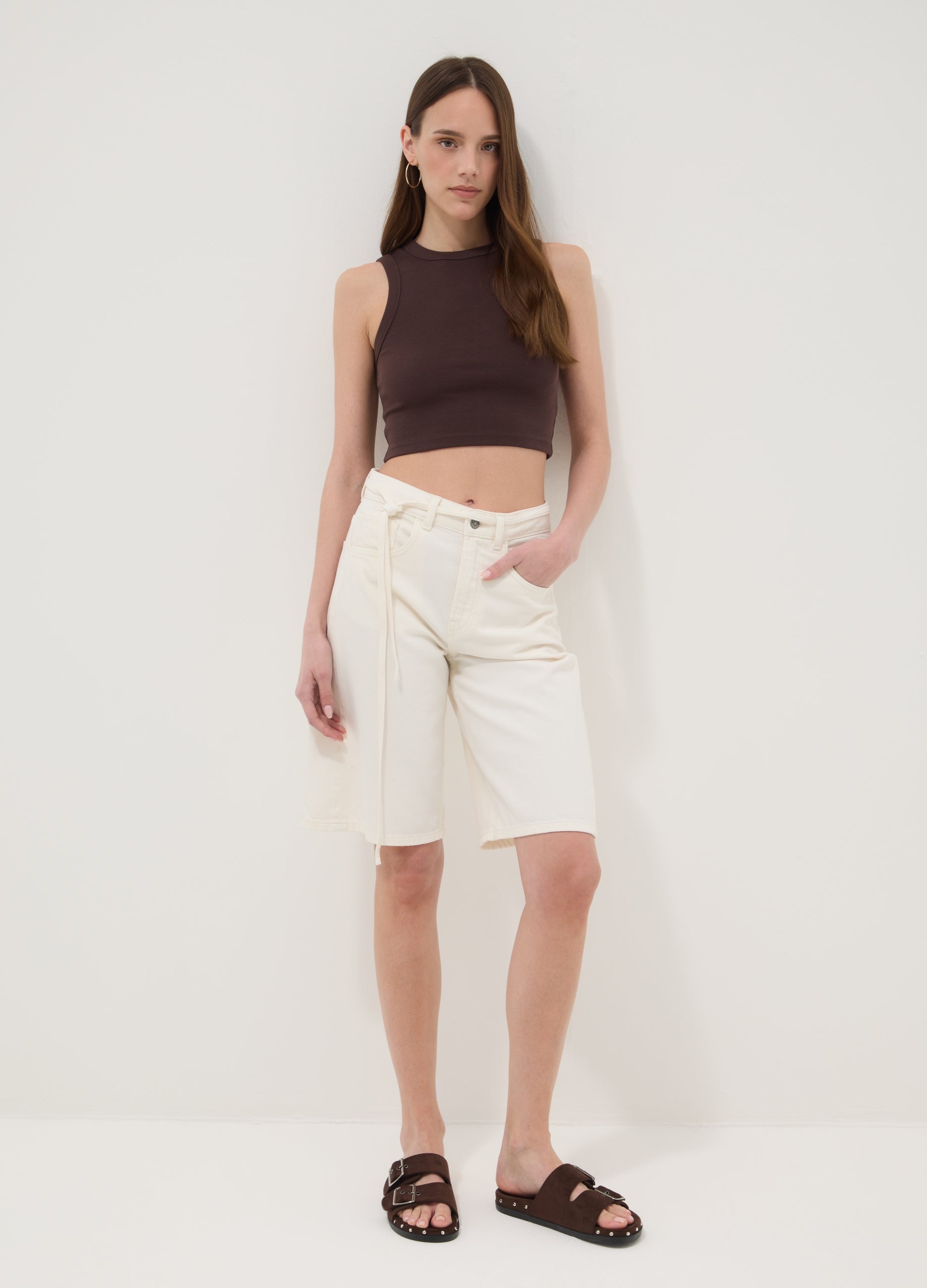 OVS Brown Cotton-Stretch Cropped Tank Top