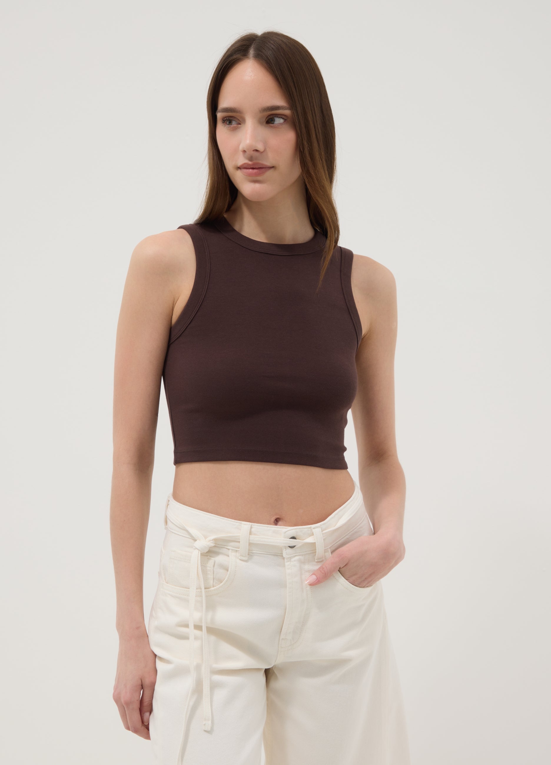 OVS Brown Cotton-Stretch Cropped Tank Top