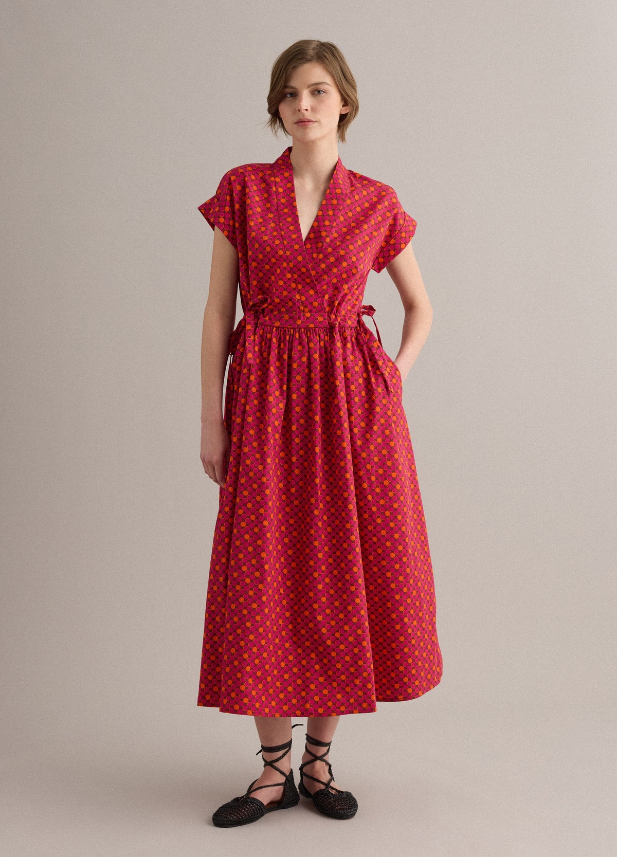 OVS Red Pure Cotton Midi Dress With Printed Pattern
