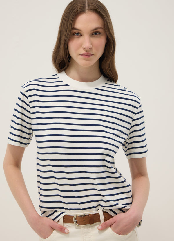 OVS Blue Pure Cotton Striped T-Shirt