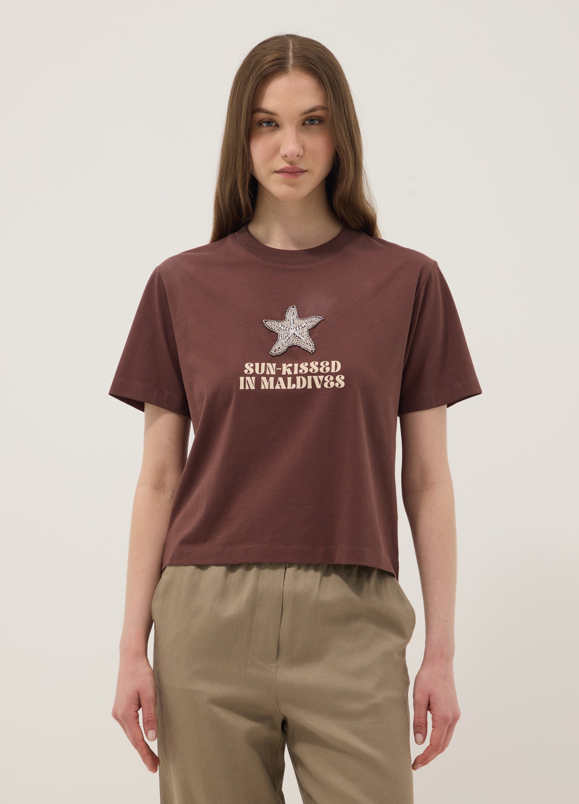 OVS Brown Short-Sleeved Pure Cotton T-Shirt