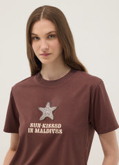 OVS Brown Short-Sleeved Pure Cotton T-Shirt