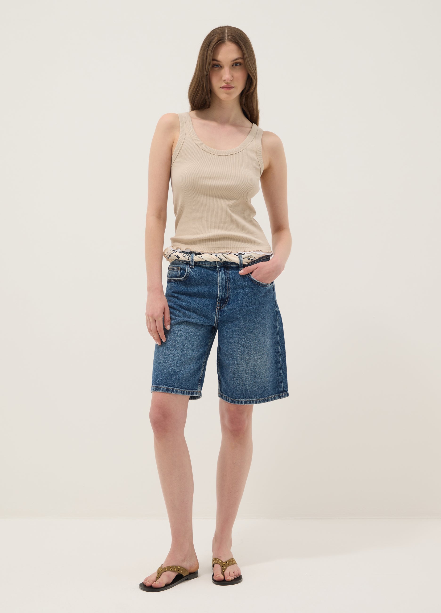 OVS Beige Pure Cotton Ribbed Vest Top, Regular Fit