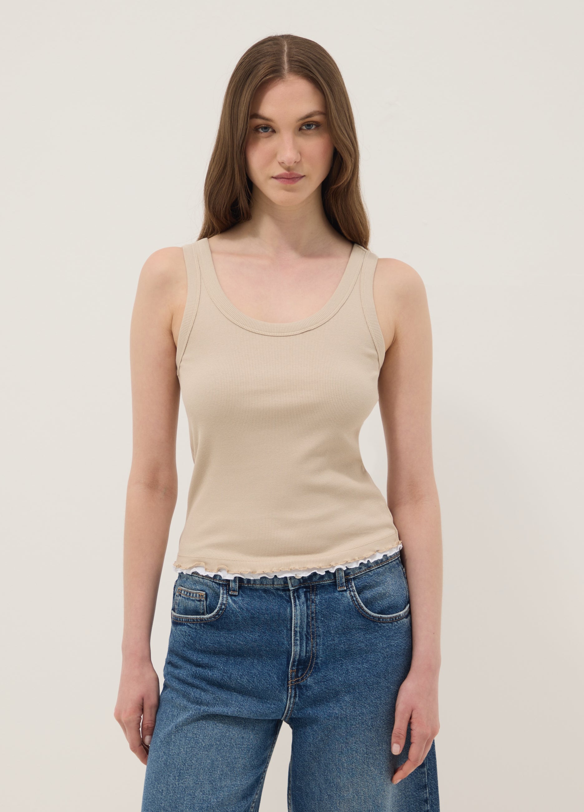 OVS Beige Pure Cotton Ribbed Vest Top, Regular Fit