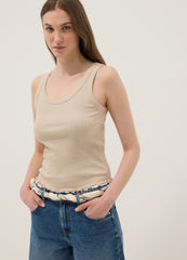 OVS Beige Pure Cotton Ribbed Vest Top, Regular Fit