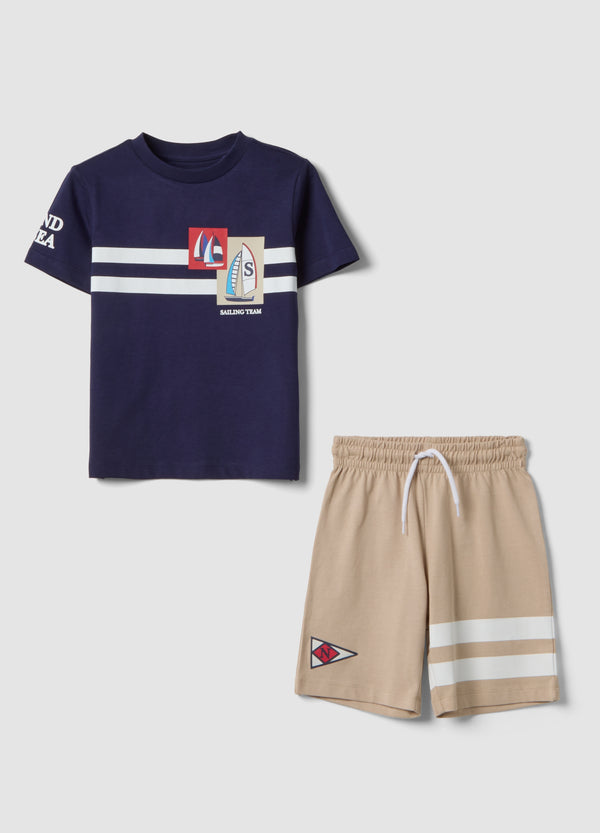 OVS Blue And Beige Pure Cotton Set With T-Shirt And Shorts For Boys, Regular Fit