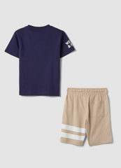 OVS Blue And Beige Pure Cotton Set With T-Shirt And Shorts For Boys, Regular Fit