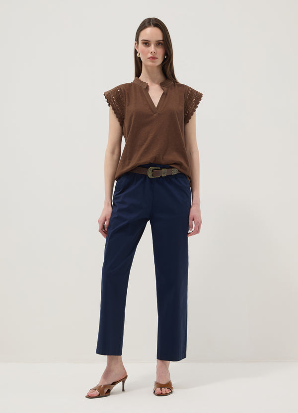 OVS Brown Pure Cotton T-Shirt With Crochet Details, Regular Fit