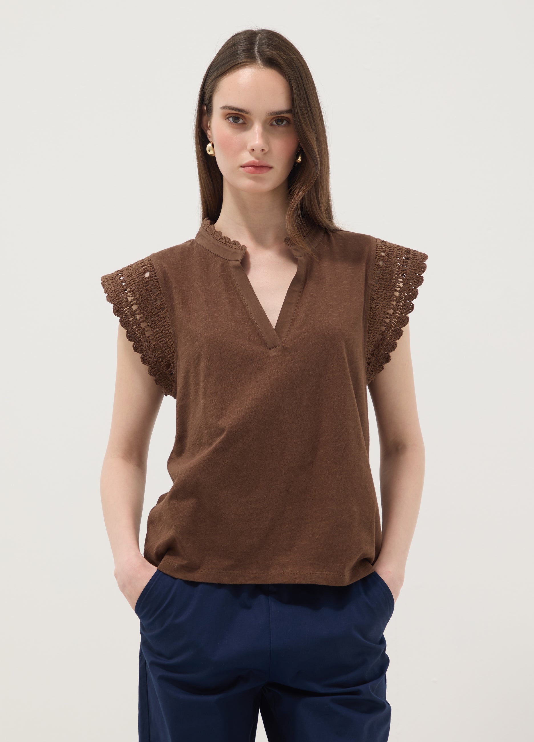 OVS Brown Pure Cotton T-Shirt With Crochet Details, Regular Fit