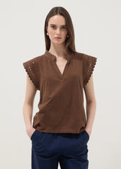 OVS Brown Pure Cotton T-Shirt With Crochet Details, Regular Fit