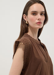 OVS Brown Pure Cotton T-Shirt With Crochet Details, Regular Fit