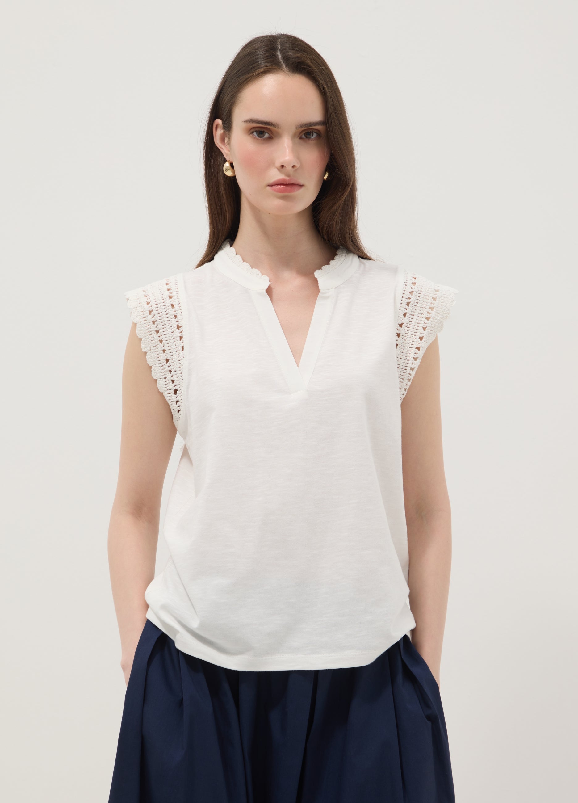 OVS White Pure Cotton Regular-Fit Top With Crochet Inserts