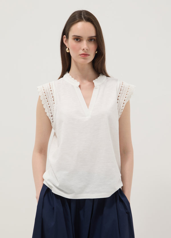 OVS White Pure Cotton Regular-Fit Top With Crochet Inserts
