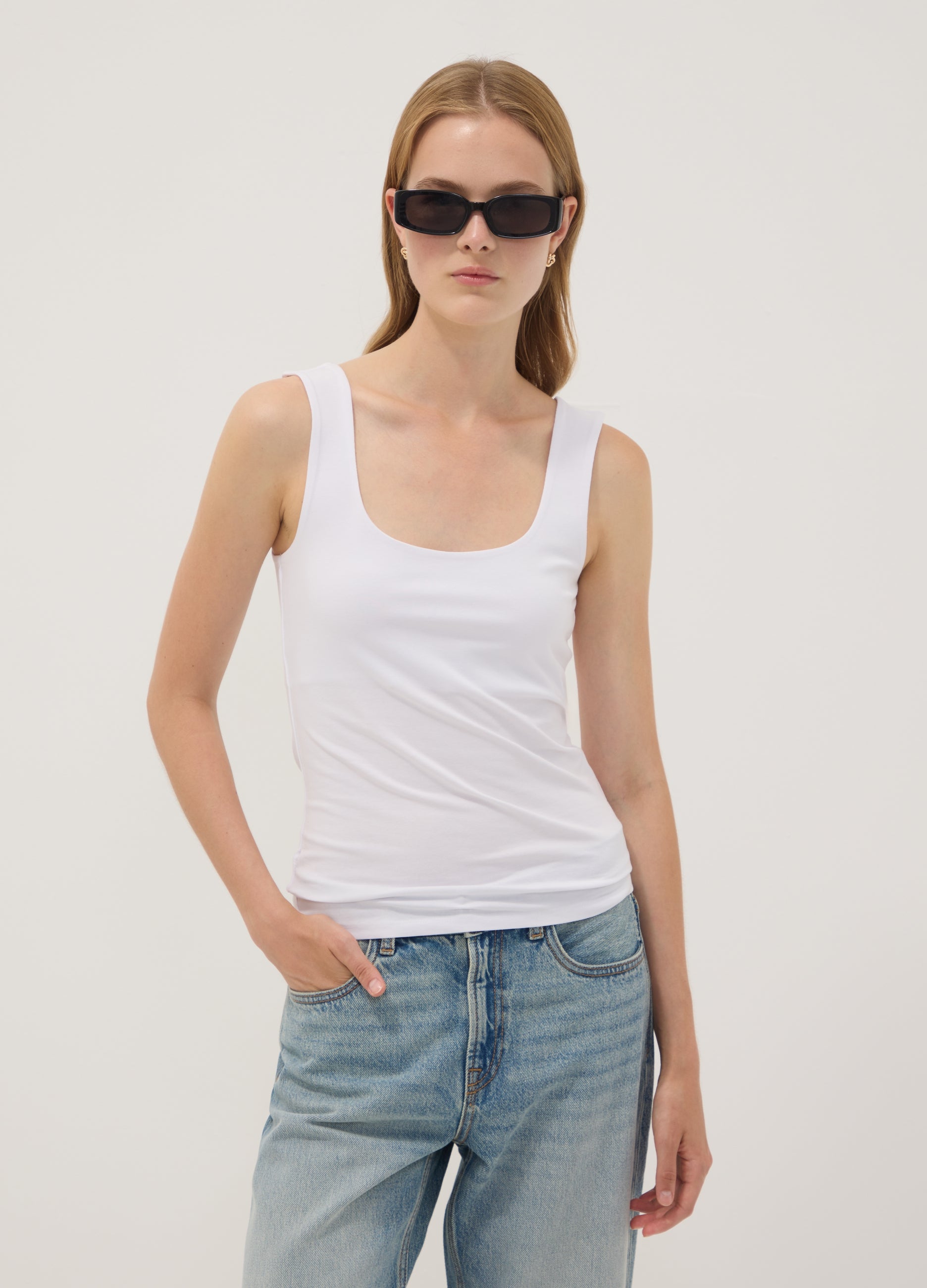 OVS White Fitted Stretch-Cotton Tank Top