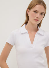 OVS White Stretch Cotton Polo Shirt With Open V-Neck, Regular Fit