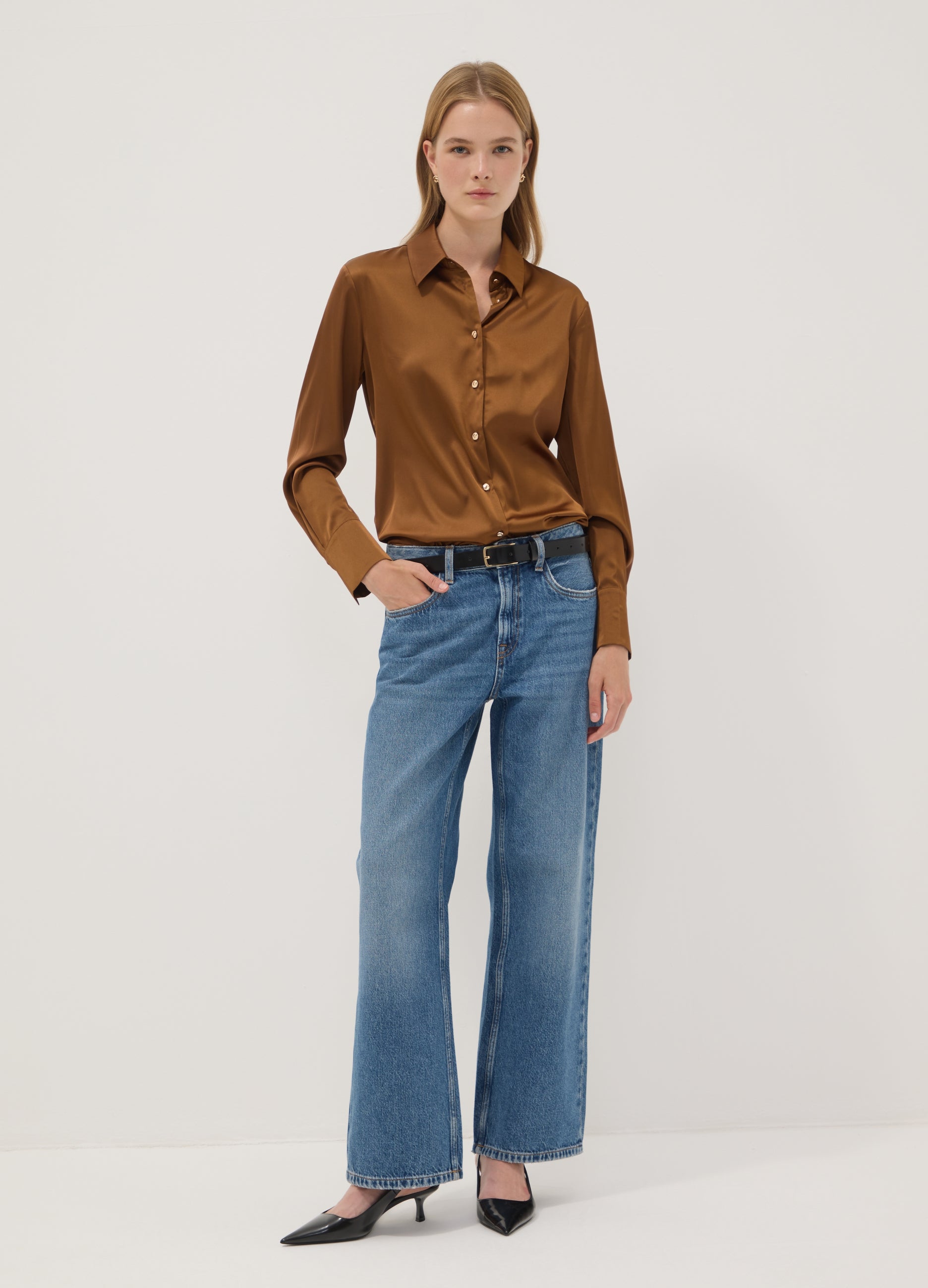 OVS Brown stretch-fabric shirt with classic collar