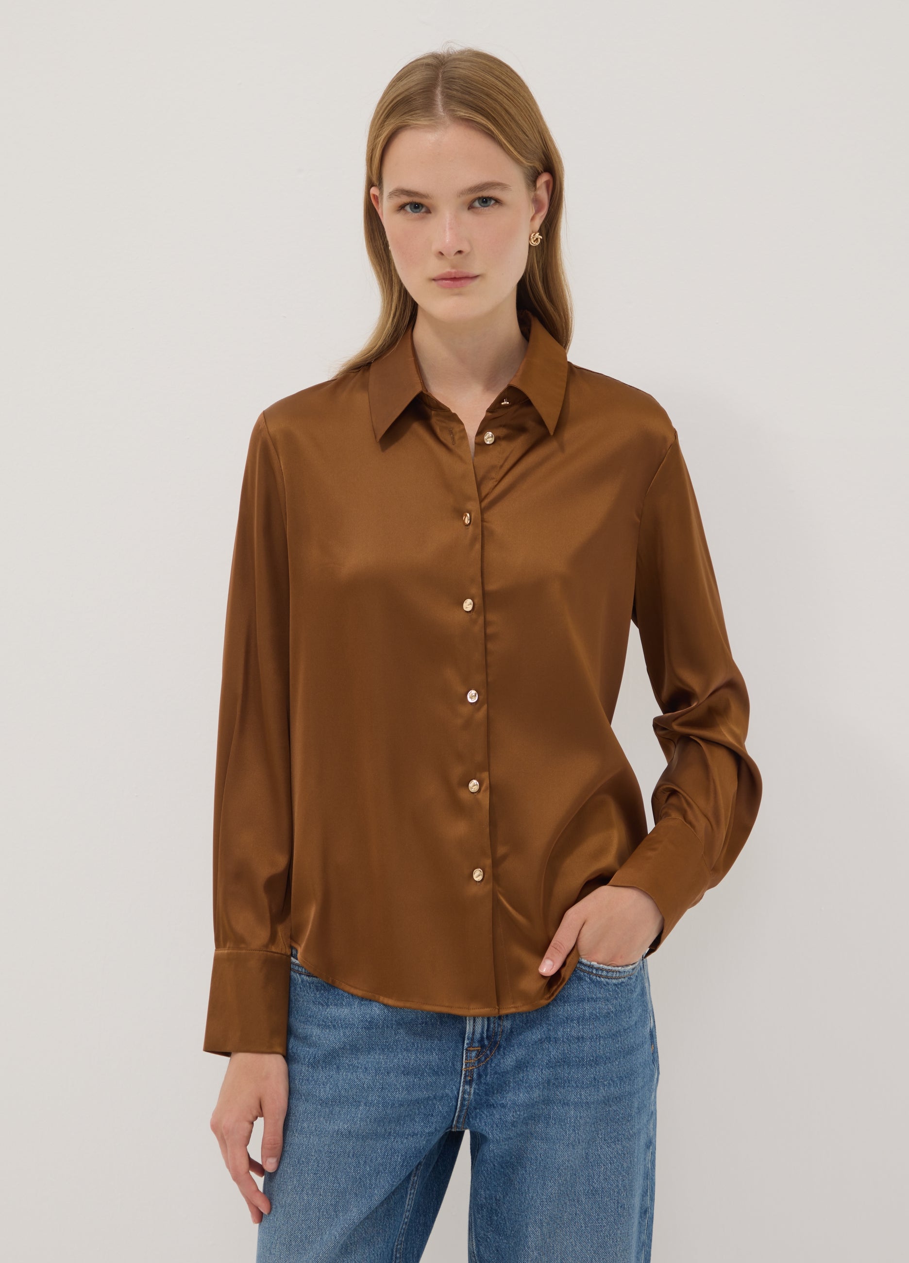 OVS Brown stretch-fabric shirt with classic collar