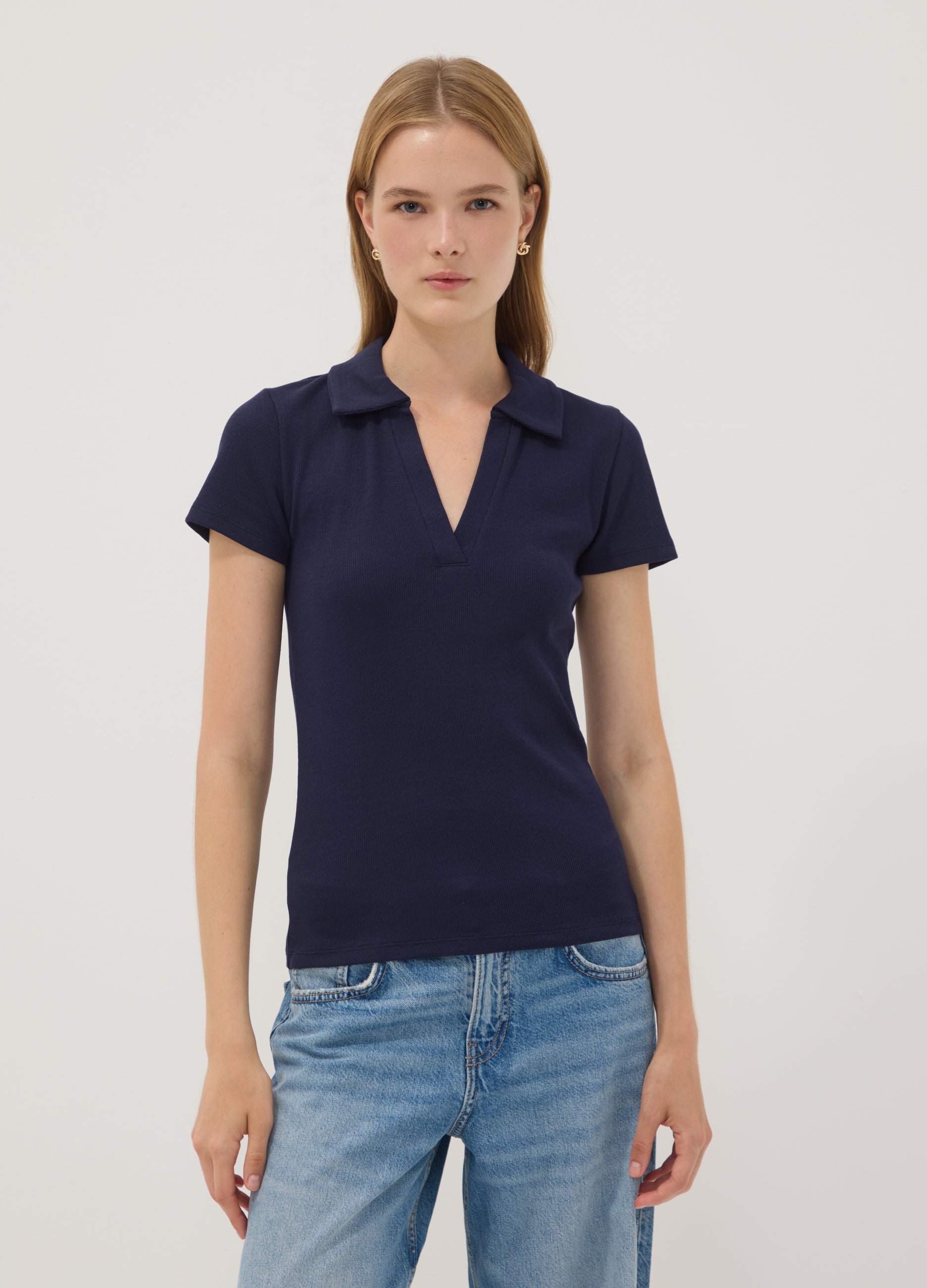 OVS Blue Stretch Cotton Polo Shirt With Open V-Neck, Regular Fit