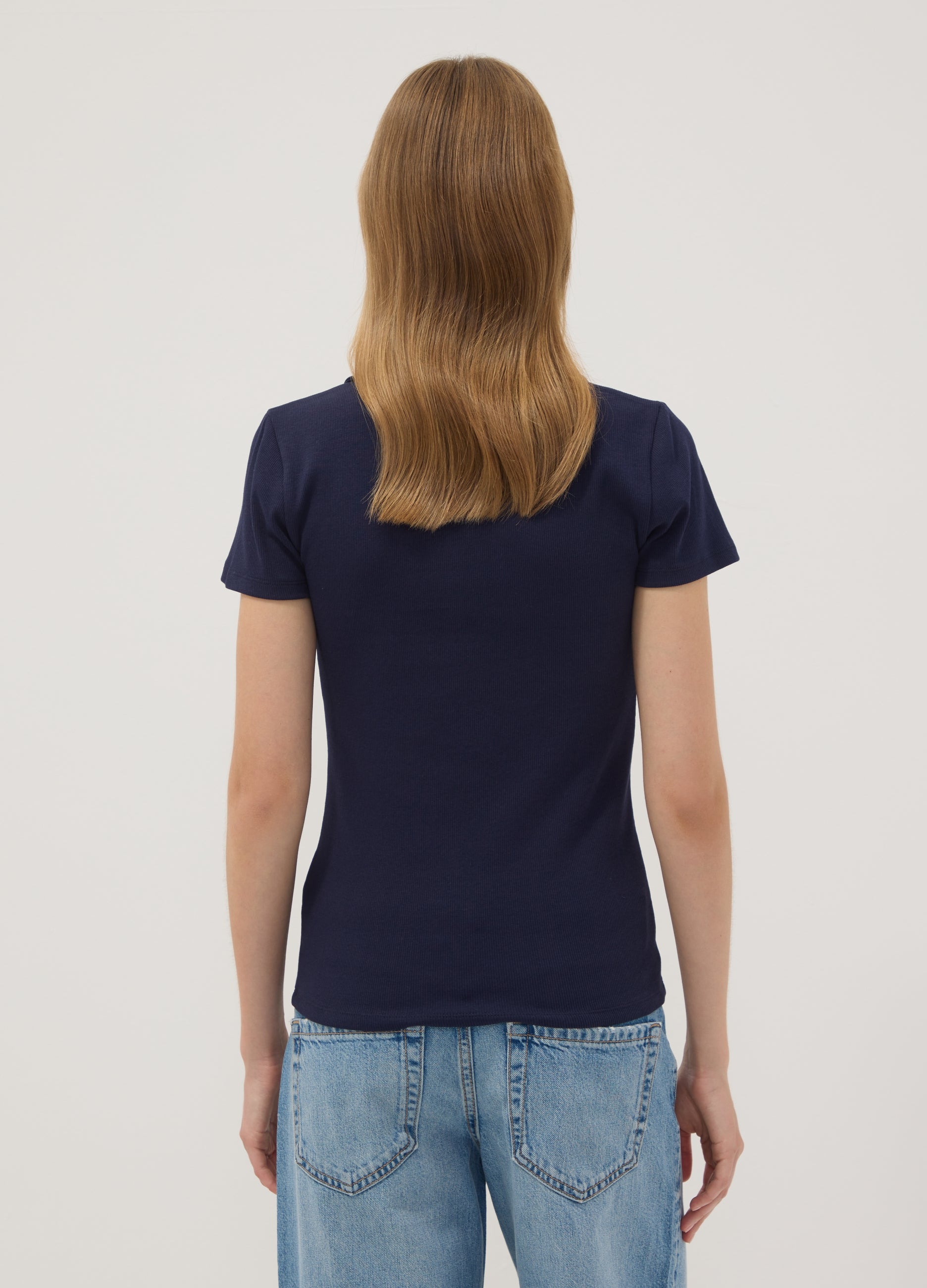OVS Blue Stretch Cotton Polo Shirt With Open V-Neck, Regular Fit