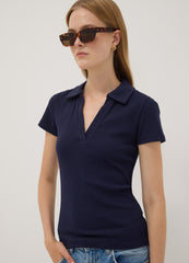 OVS Blue Stretch Cotton Polo Shirt With Open V-Neck, Regular Fit