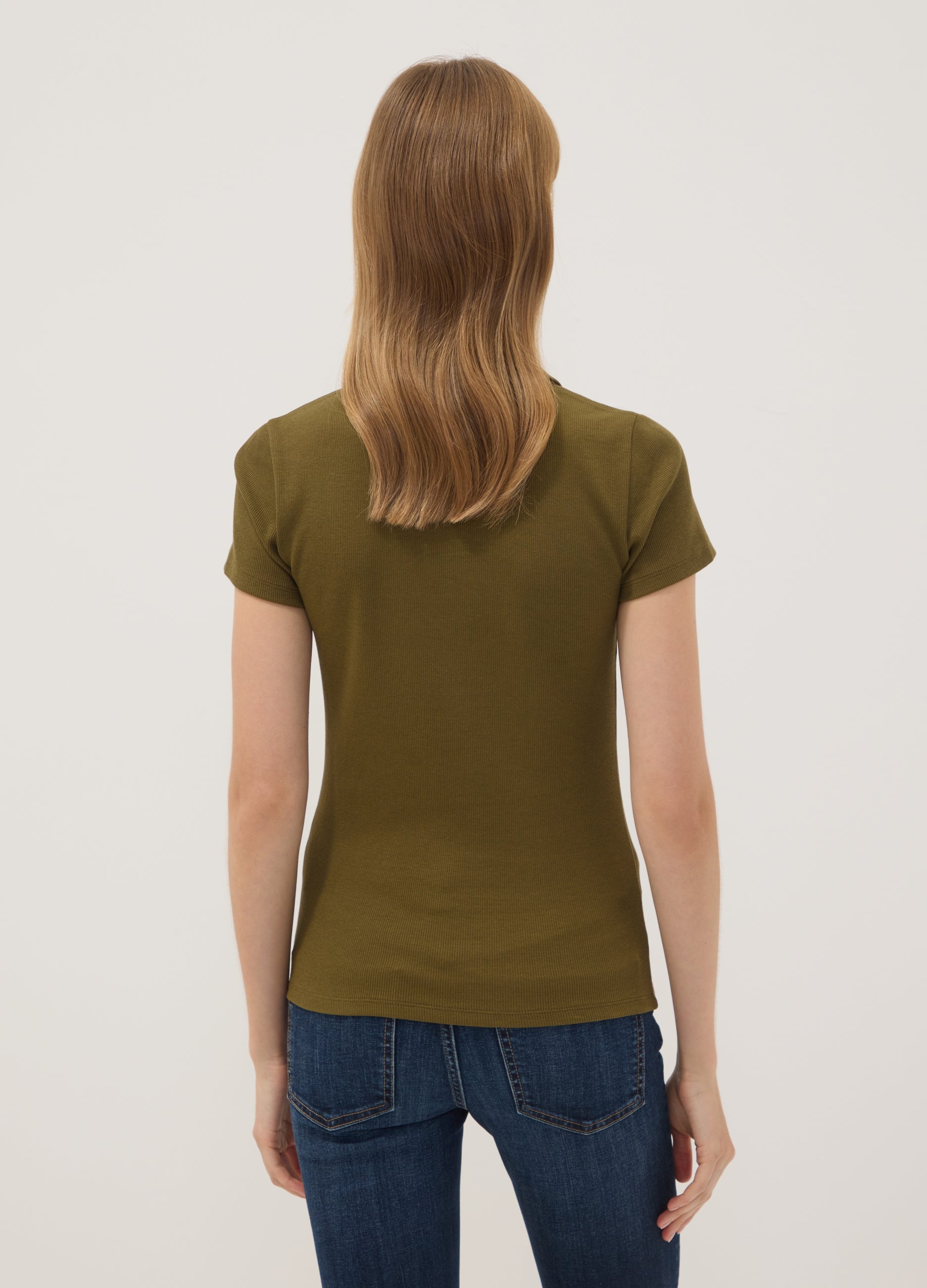 OVS Green Stretch Cotton V-Neck Polo Shirt With Open Neckline, Regular Fit