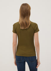 OVS Green Stretch Cotton V-Neck Polo Shirt With Open Neckline, Regular Fit