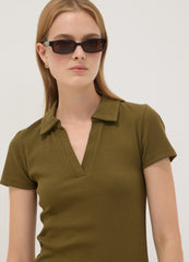 OVS Green Stretch Cotton V-Neck Polo Shirt With Open Neckline, Regular Fit