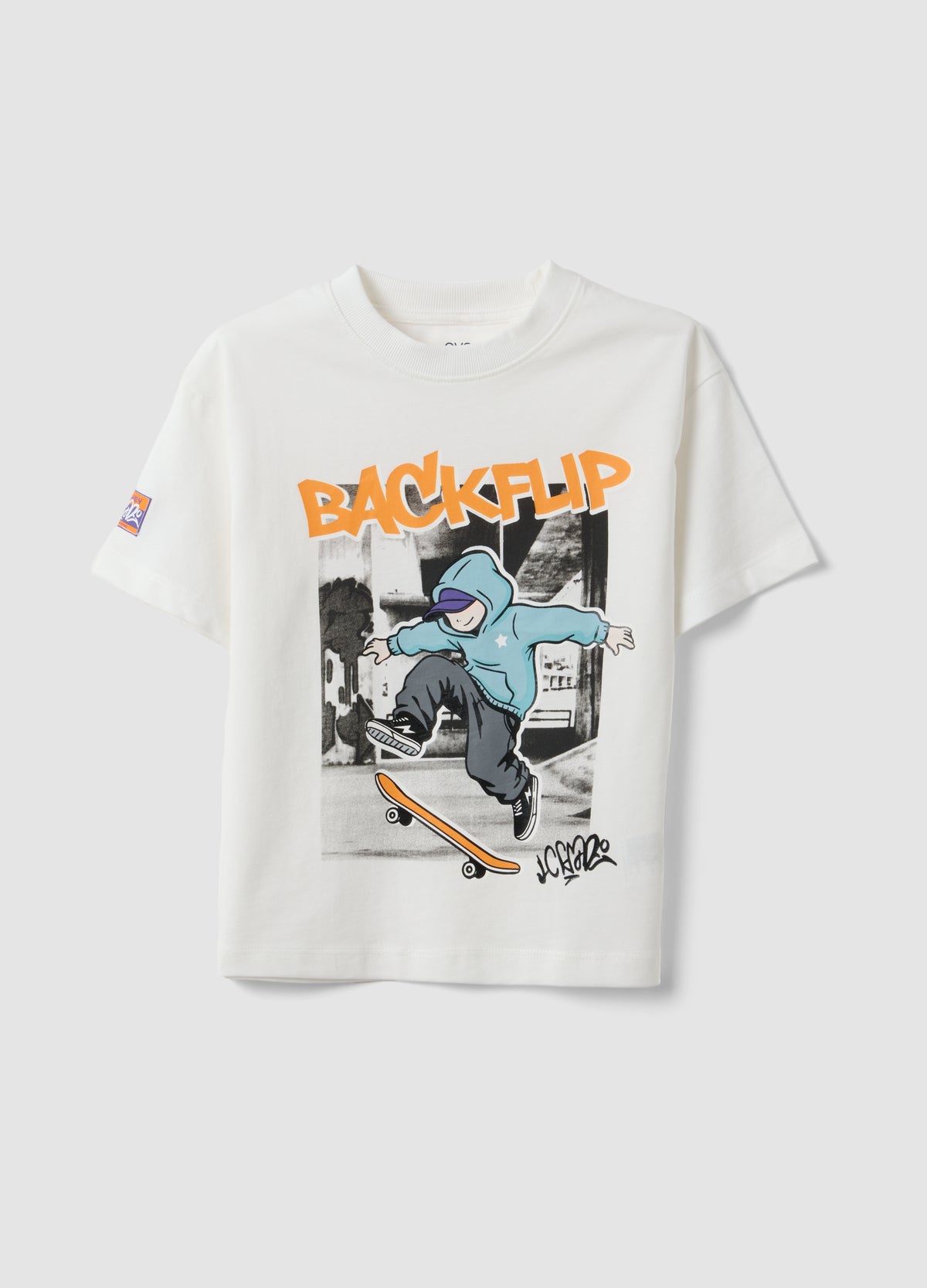 OVS White Oversized Pure Cotton T-Shirt With Skate Print For Boys