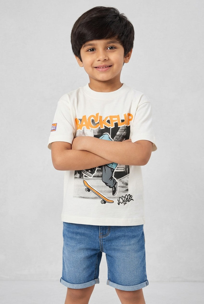 OVS White Oversized Pure Cotton T-Shirt With Skate Print For Boys