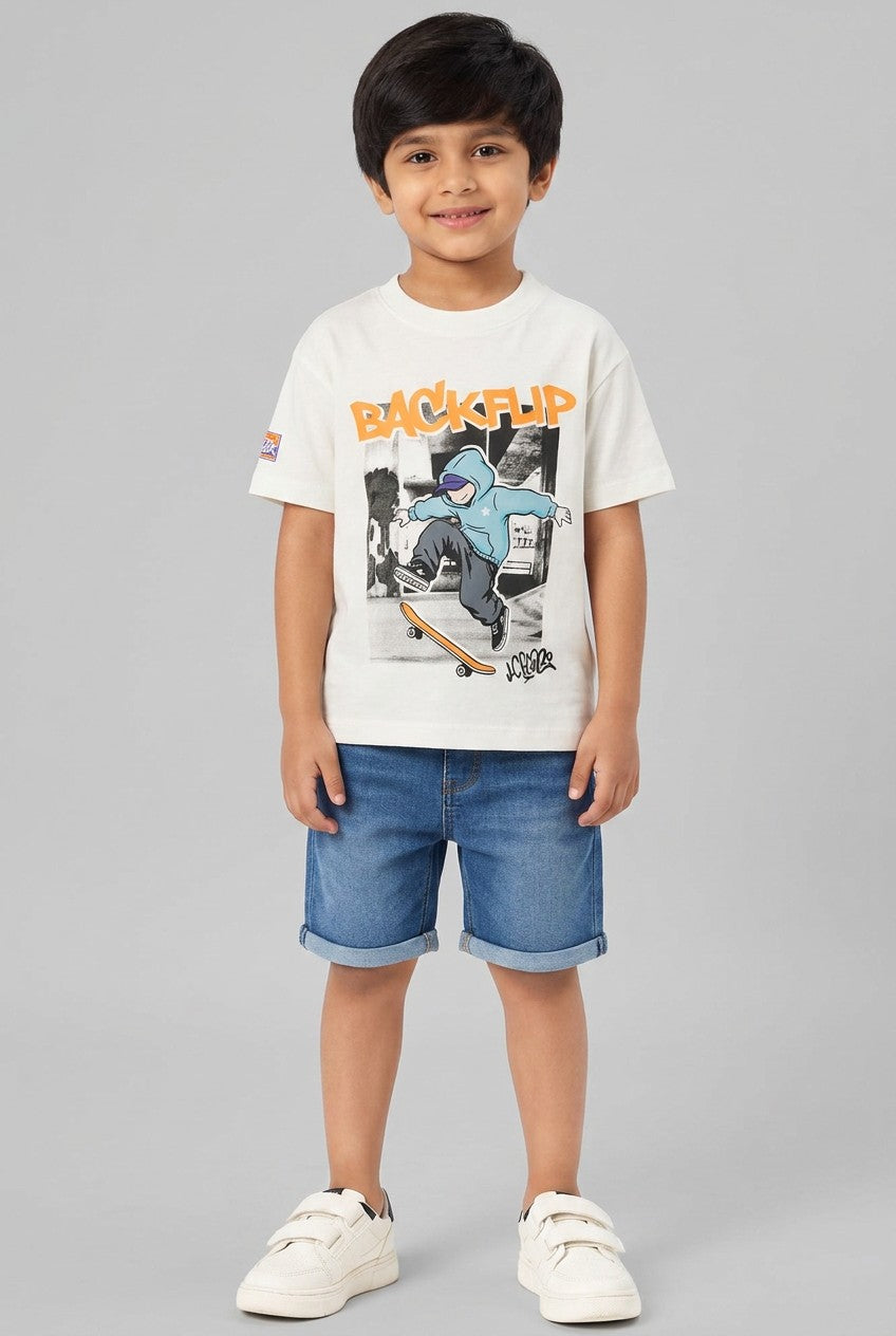OVS White Oversized Pure Cotton T-Shirt With Skate Print For Boys