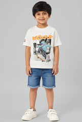 OVS White Oversized Pure Cotton T-Shirt With Skate Print For Boys
