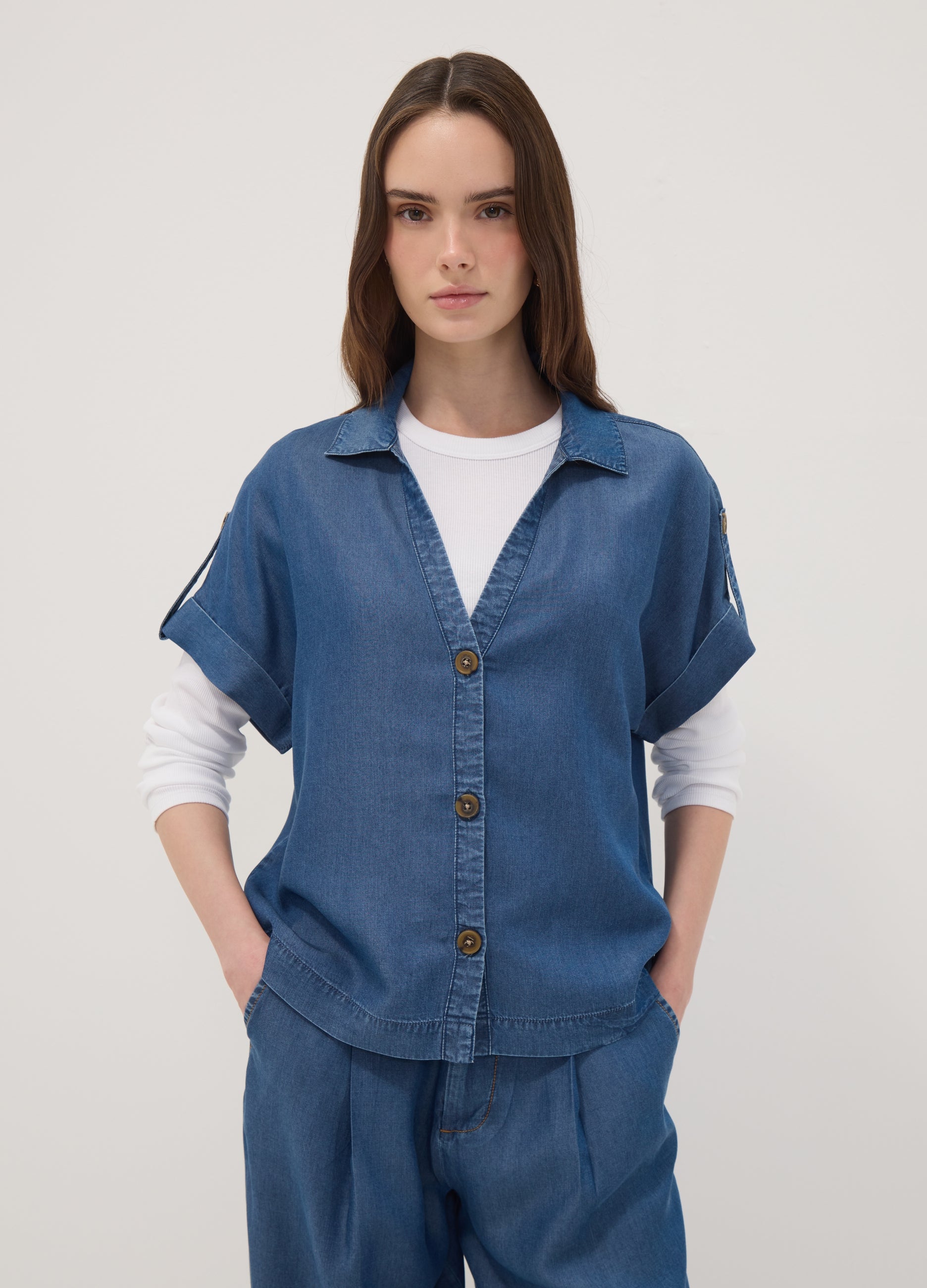 OVS Blue Pure Lyocell Short-Sleeved Shirt