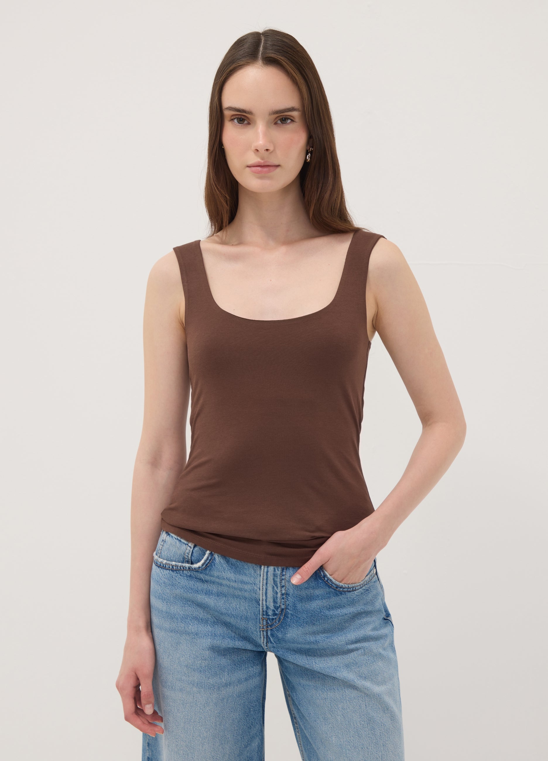 OVS Brown Fitted Stretch-Cotton Tank Top