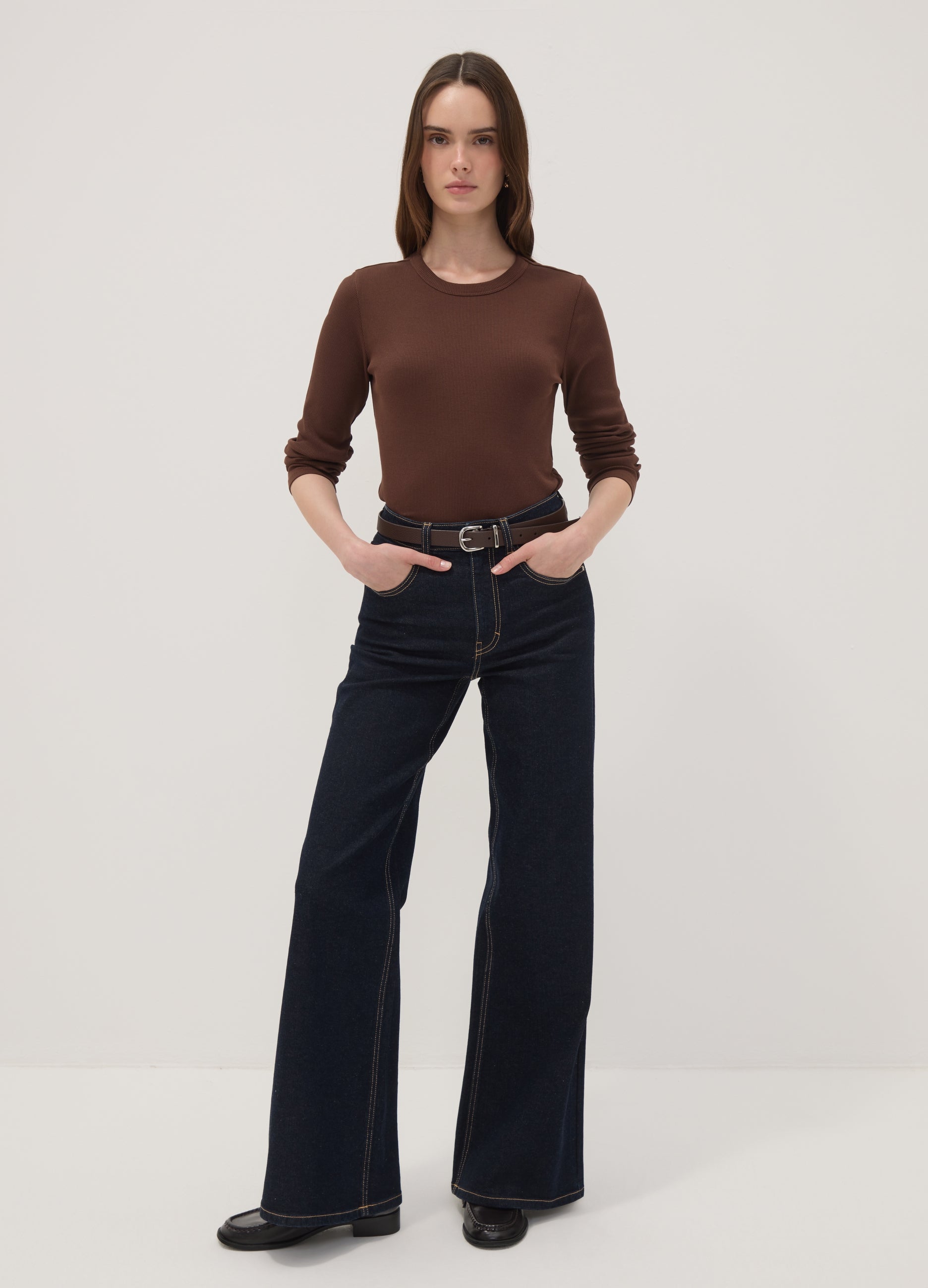 OVS Brown Long-Sleeve Pure Cotton T-Shirt