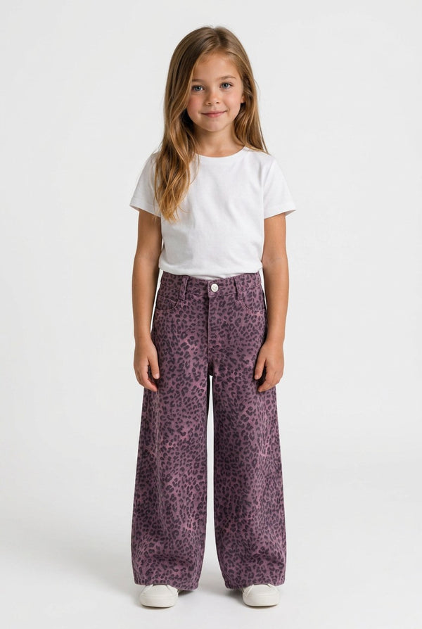 OVS Purple Wide-Leg Pure Cotton Trousers With Animal Print For Girls