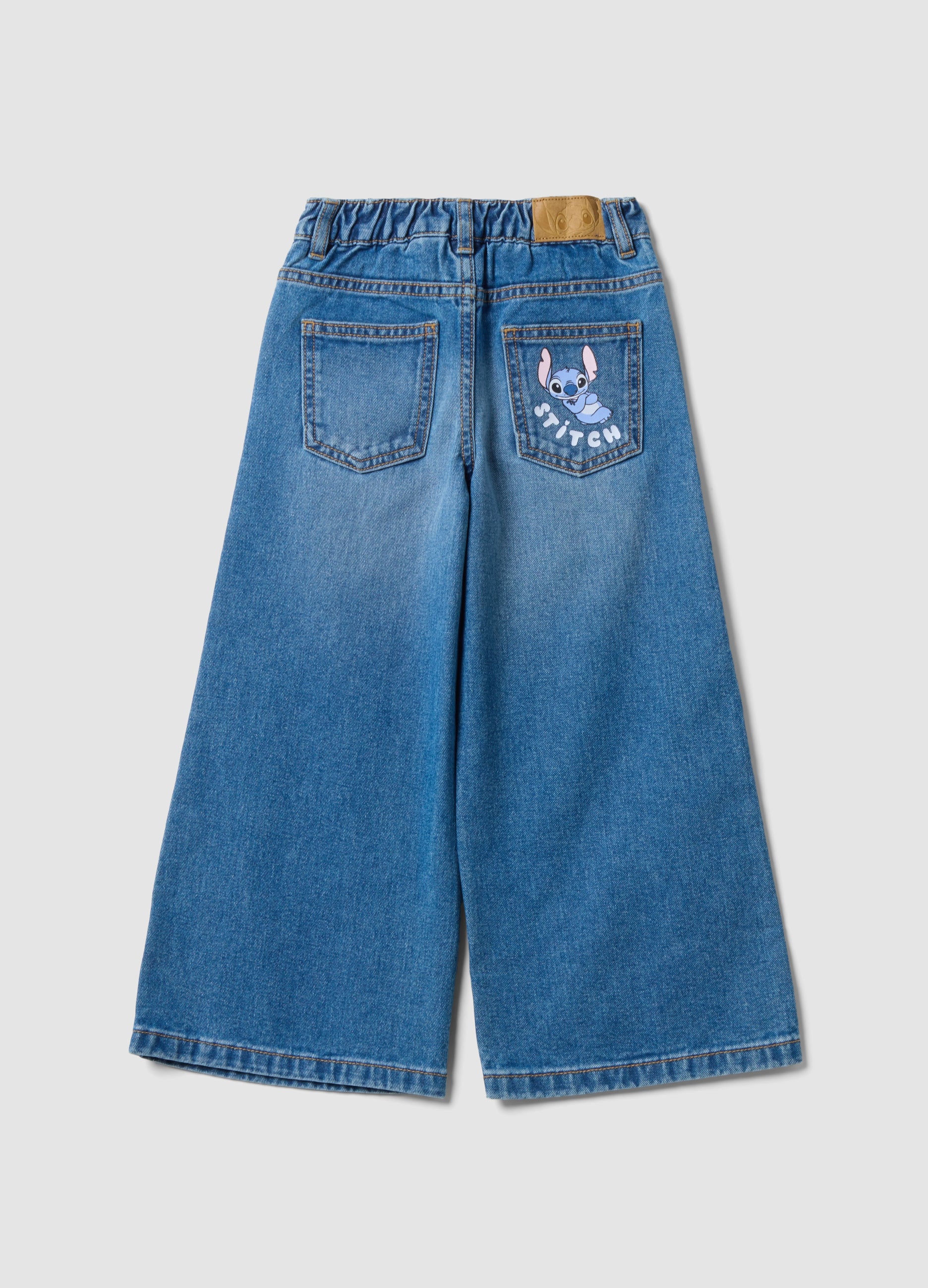 OVS Blue Pure Cotton Wide-Leg Denim Jeans With Lilo & Stitch Print For Girls