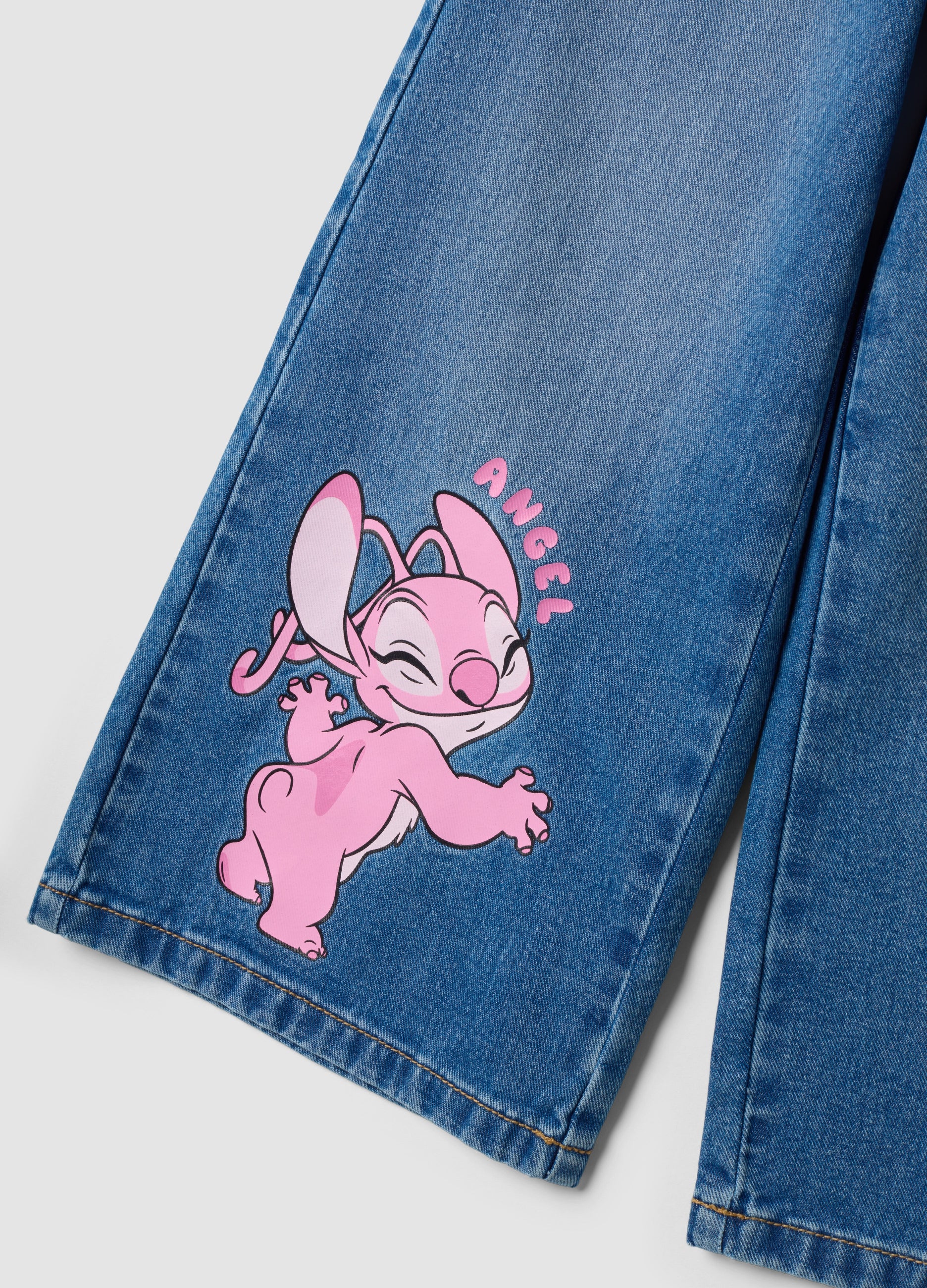 OVS Blue Pure Cotton Wide-Leg Denim Jeans With Lilo & Stitch Print For Girls