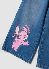 OVS Blue Pure Cotton Wide-Leg Denim Jeans With Lilo & Stitch Print For Girls