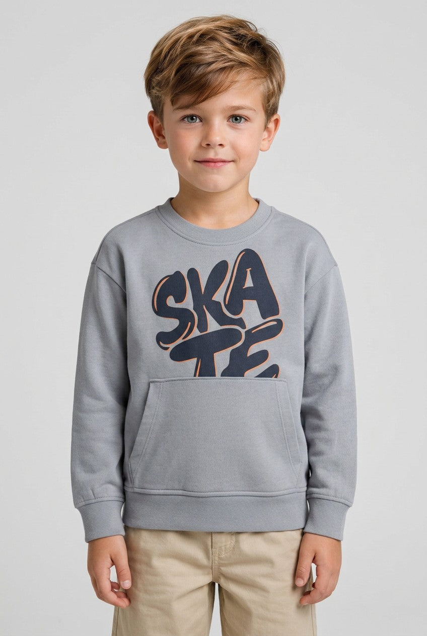 OVS Grey Oversized Pure Cotton Hoodie With Print And Kangaroo Pocket For Boys