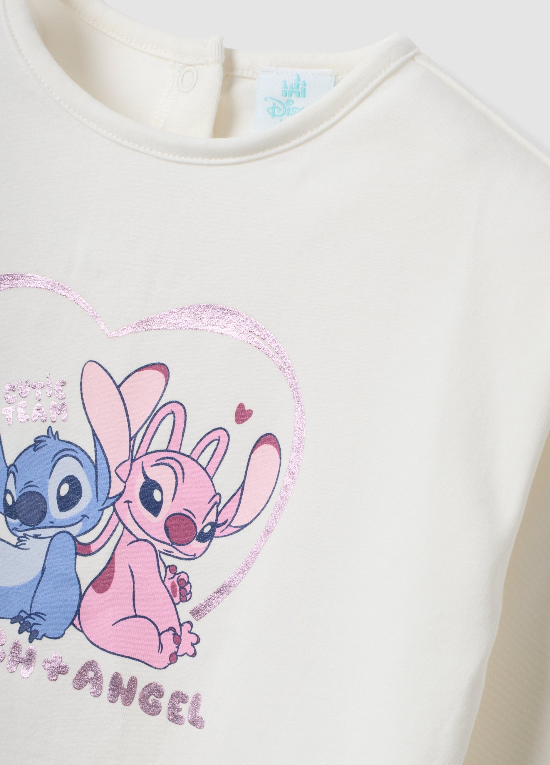 OVS White Long-Sleeve Stretch-Cotton T-Shirt With Lilo & Stitch Print