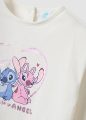 OVS White Long-Sleeve Stretch-Cotton T-Shirt With Lilo & Stitch Print
